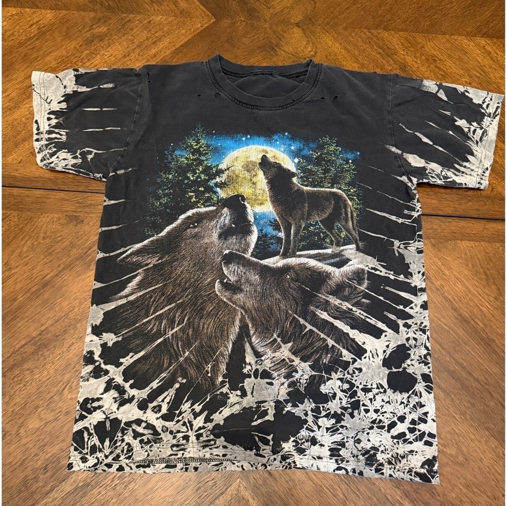 Vintage Wolf Graphic T-Shirt Bleach Splatter Distressed Three Wolf Moon Black